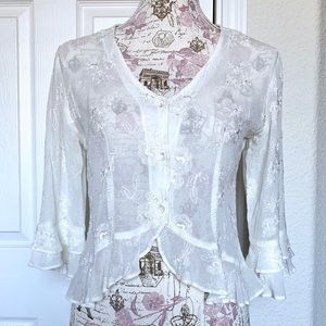 Jenny Helene Button Embroidered Sheer White Boouse
